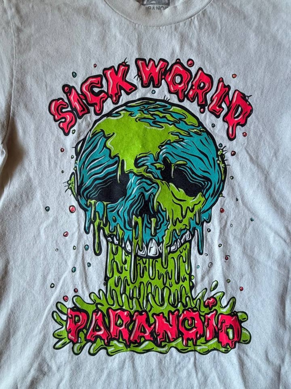 PARANOID Streetwear "Sick World" Skull Graphic T-Shirt Off White Mens Small - Picture 3 of 5